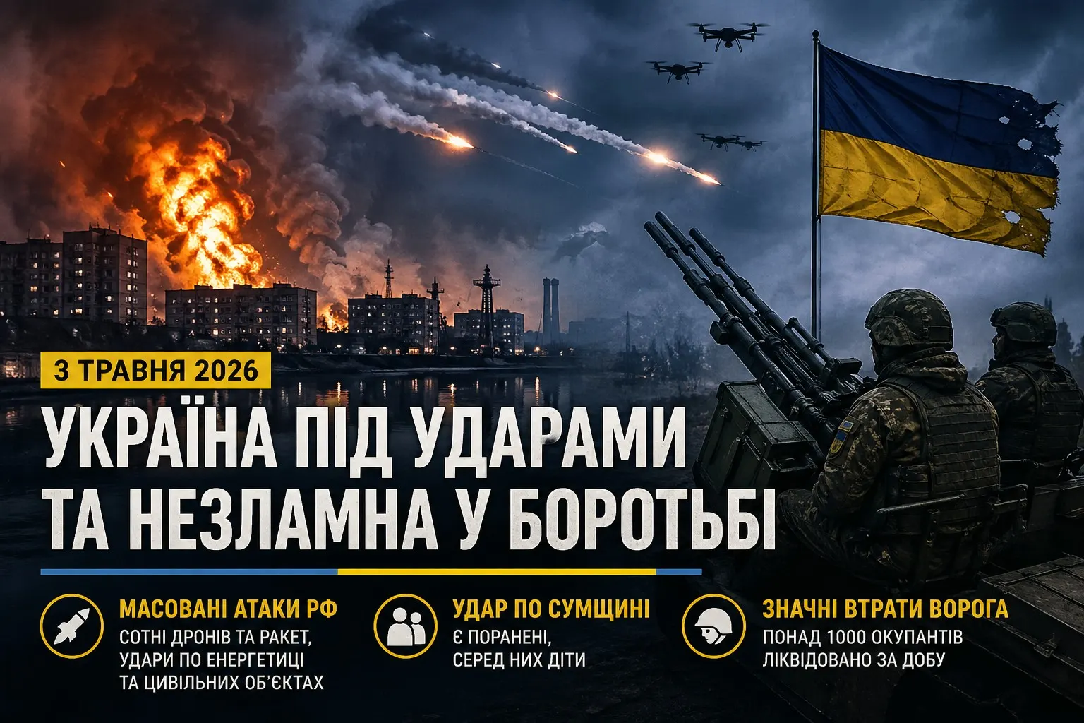 Україна під масованими ударами та інтенсивними боями: головні події станом на 3 травня 2026 року