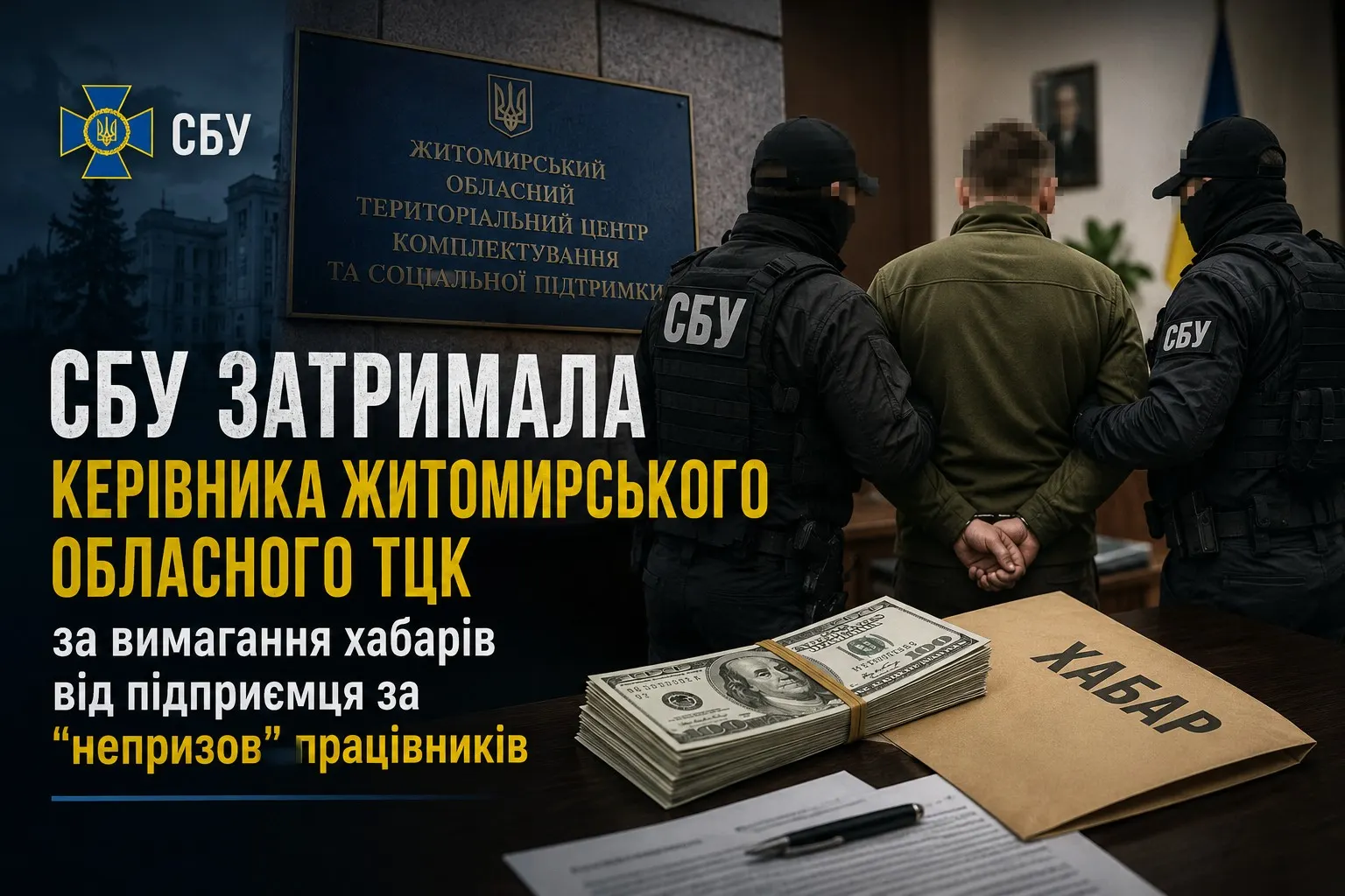 СБУ затримала керівника Житомирського обласного ТЦК за вимагання хабарів від підприємця за "непризов" працівників