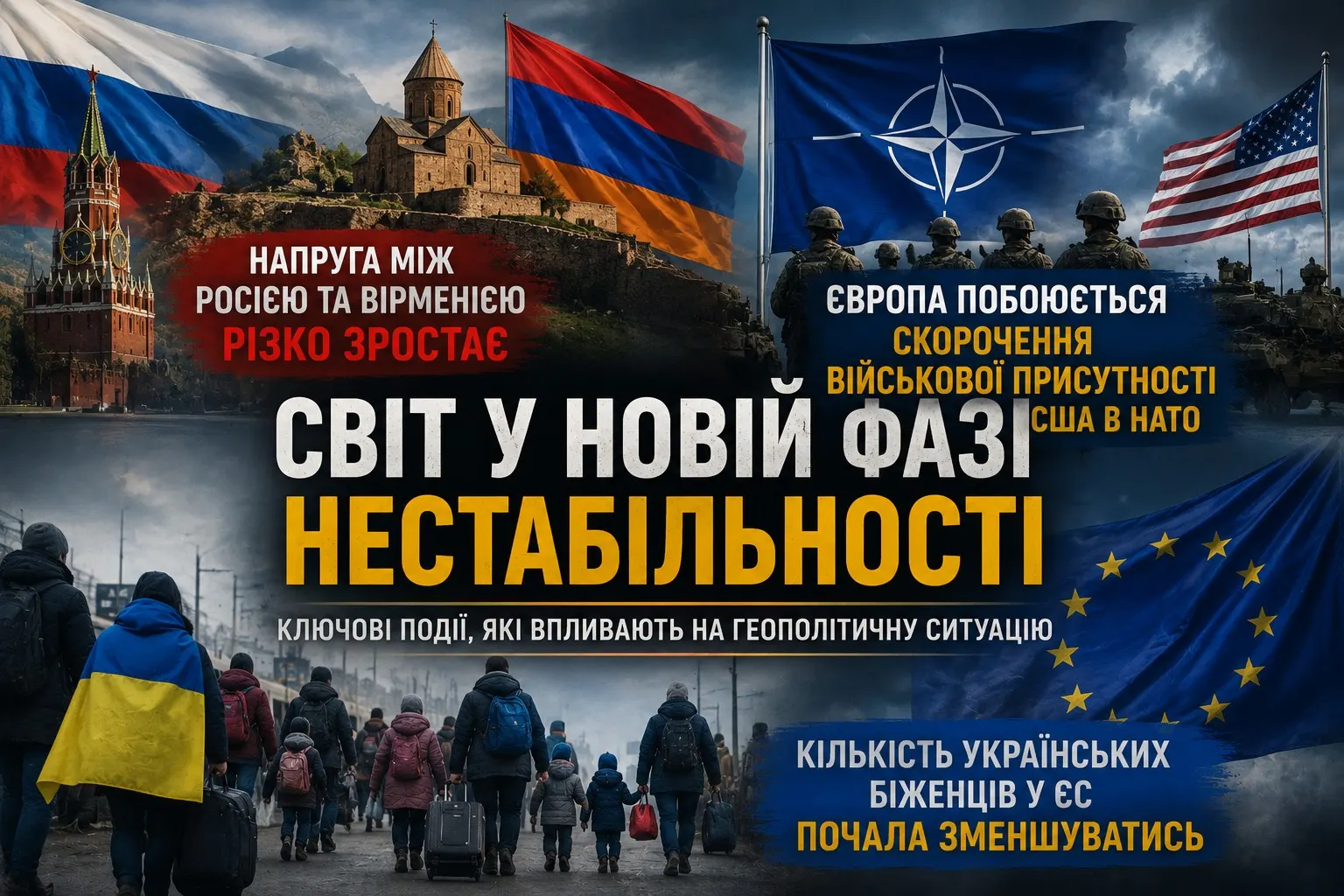 Світ входить у нову фазу нестабільності: напруга на Кавказі, тривога в НАТО та зміни серед українських біженців у ЄС
