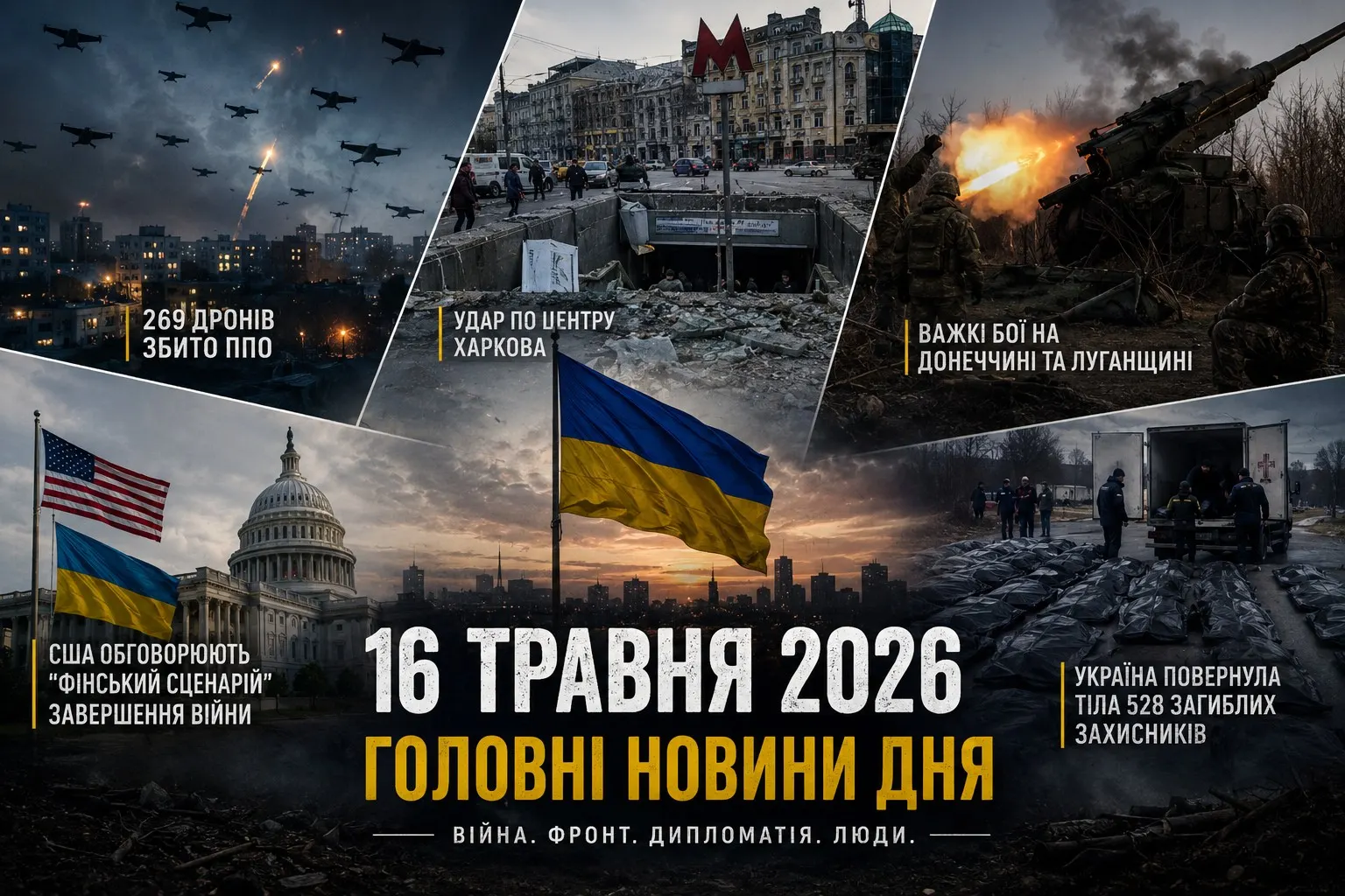 Масовані атаки, важкі бої та пошук миру: головні події в Україні 16 травня 2026 року