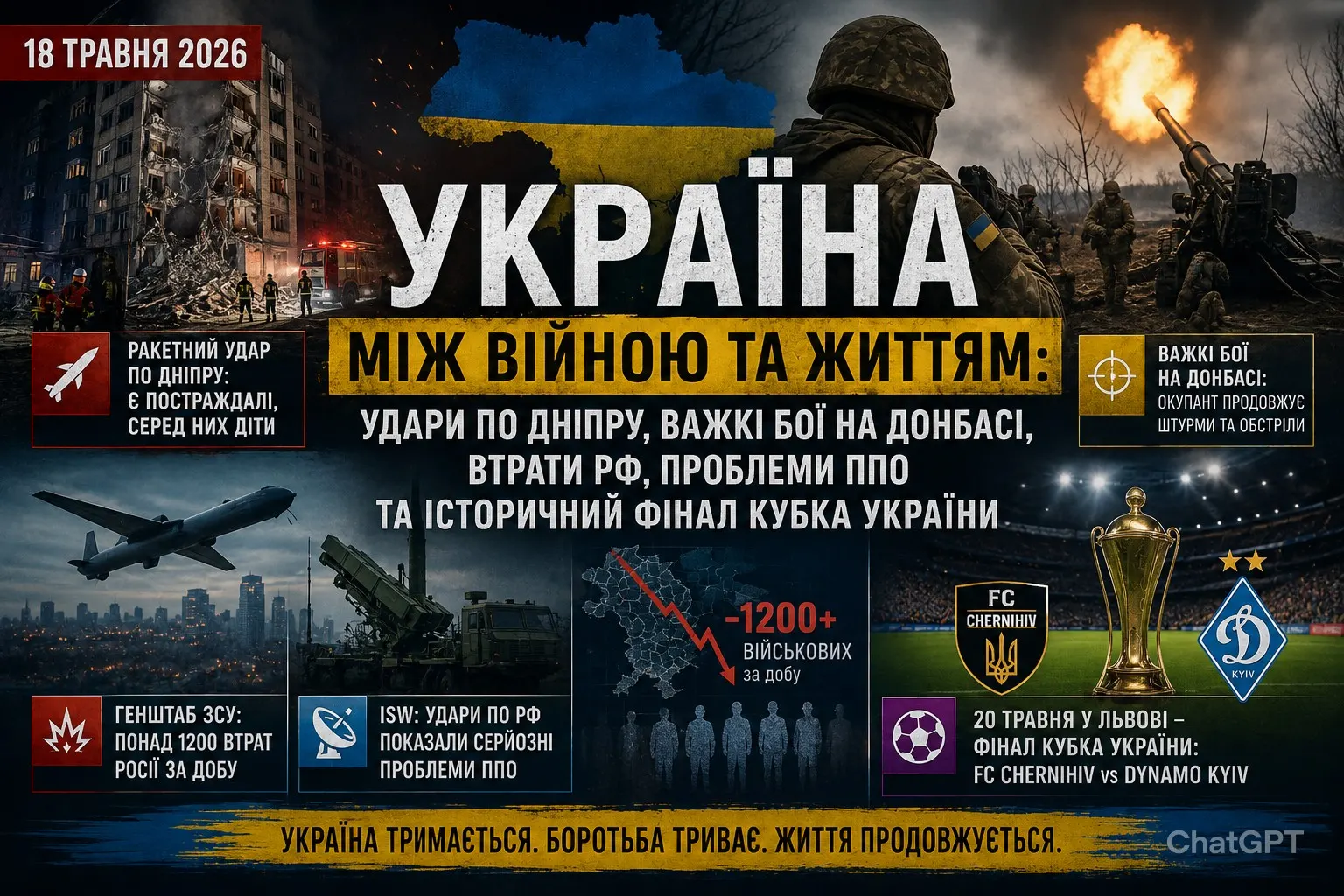 Україна 18 травня 2026: удари по Дніпру, важкі бої на Донбасі, проблеми ППО РФ