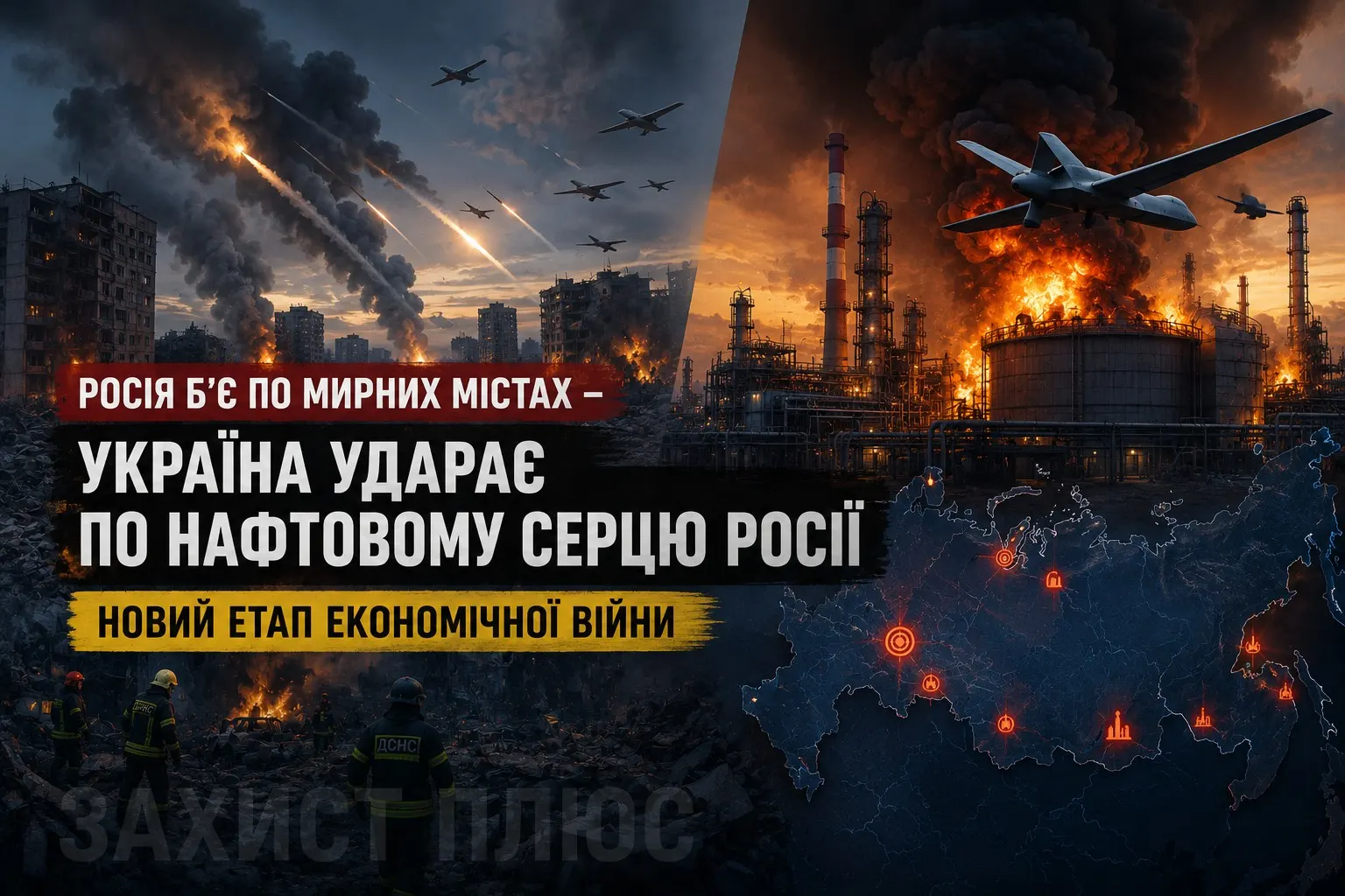 Росія б'є по мирних містах, Україна — по нафтовому серцю агресора