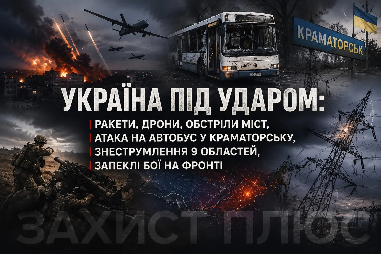 Масована атака Росії по Україні: удари по містах, влучання в автобус у Краматорську, знеструмлення дев'яти областей та важкі бої на фронті