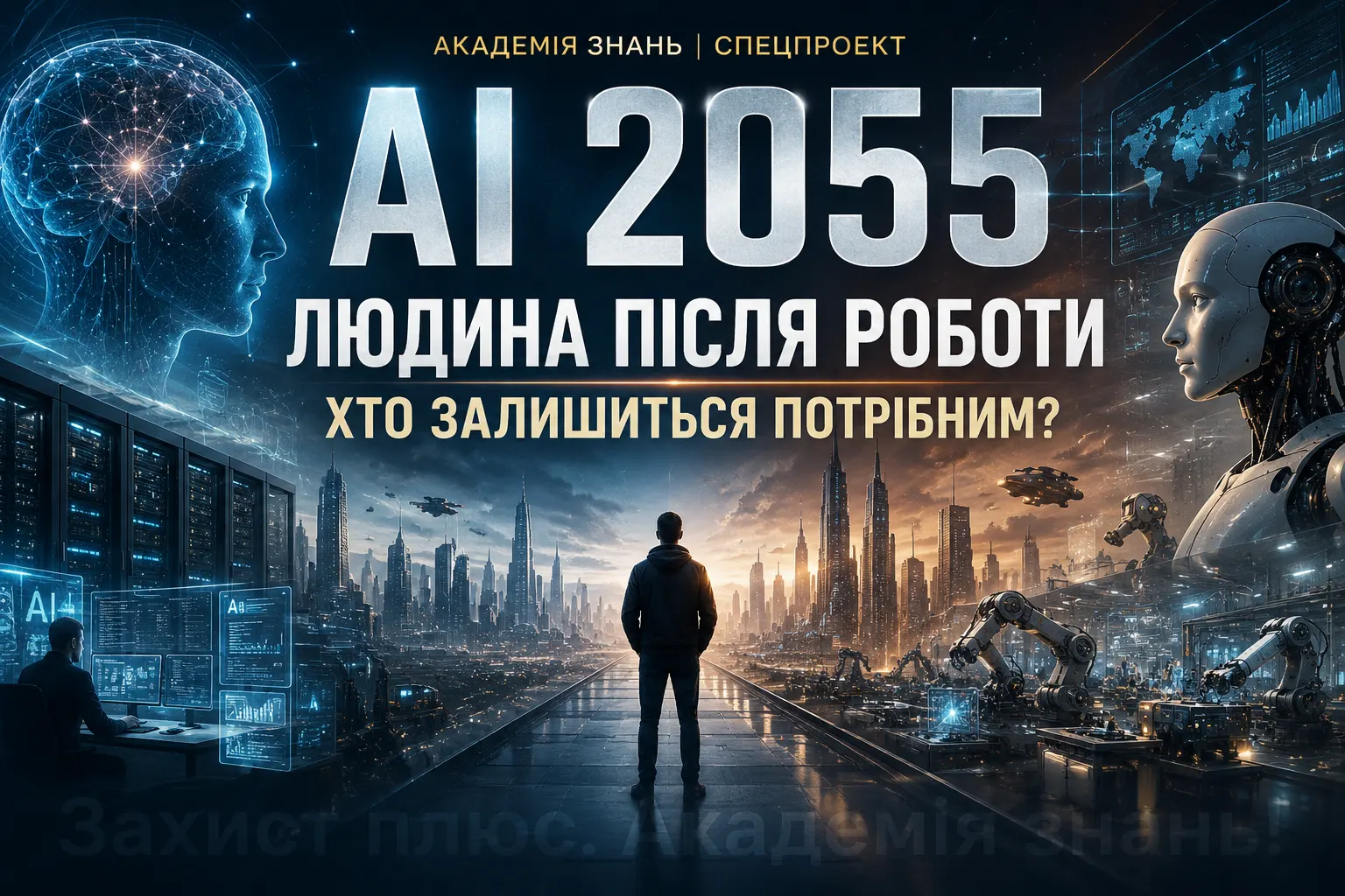 АКАДЕМІЯ ЗНАНЬ | СПЕЦПРОЄКТ «ЗАХИСТ ПЛЮС» AI 2055: ЛЮДИНА ПІСЛЯ РОБОТИ. ХТО ЗАЛИШИТЬСЯ ПОТРІБНИМ? Частина 1. Світ уже не буде колишнім Чому революція штучного інтелекту може стати найбільшою в історії людства