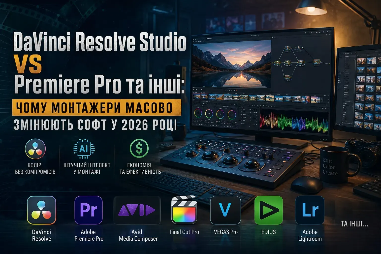 DaVinci Resolve Studio vs Premiere Pro та інші: чому монтажери масово змінюють софт у 2026 році