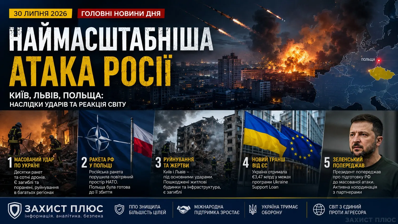 Росія завдала одного з наймасштабніших ударів за останній час: атака по Україні, інцидент у Польщі, нова допомога ЄС та головні події дня