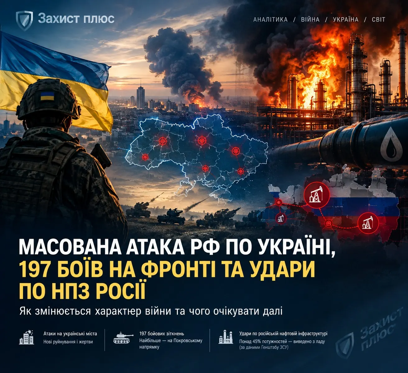 Масована атака РФ, 197 боїв на фронті та удари по НПЗ Росії: війна переходить у нову фазу