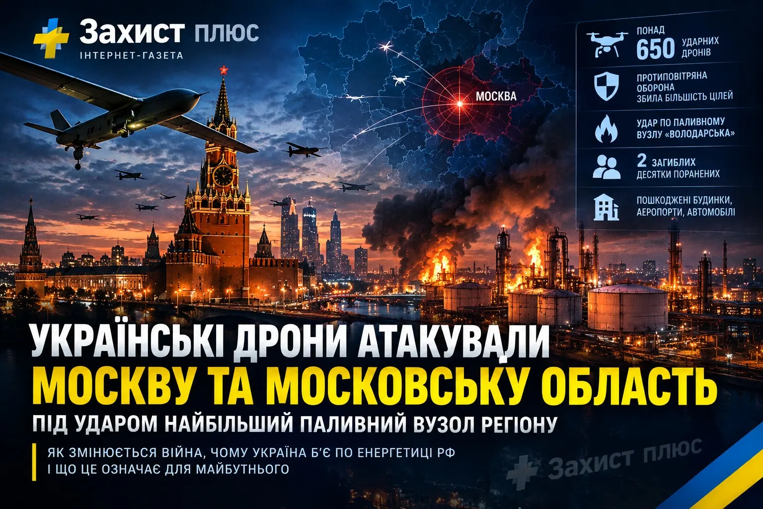 Українські дрони атакували Москву та Московську область: під ударом найбільший паливний вузол регіону